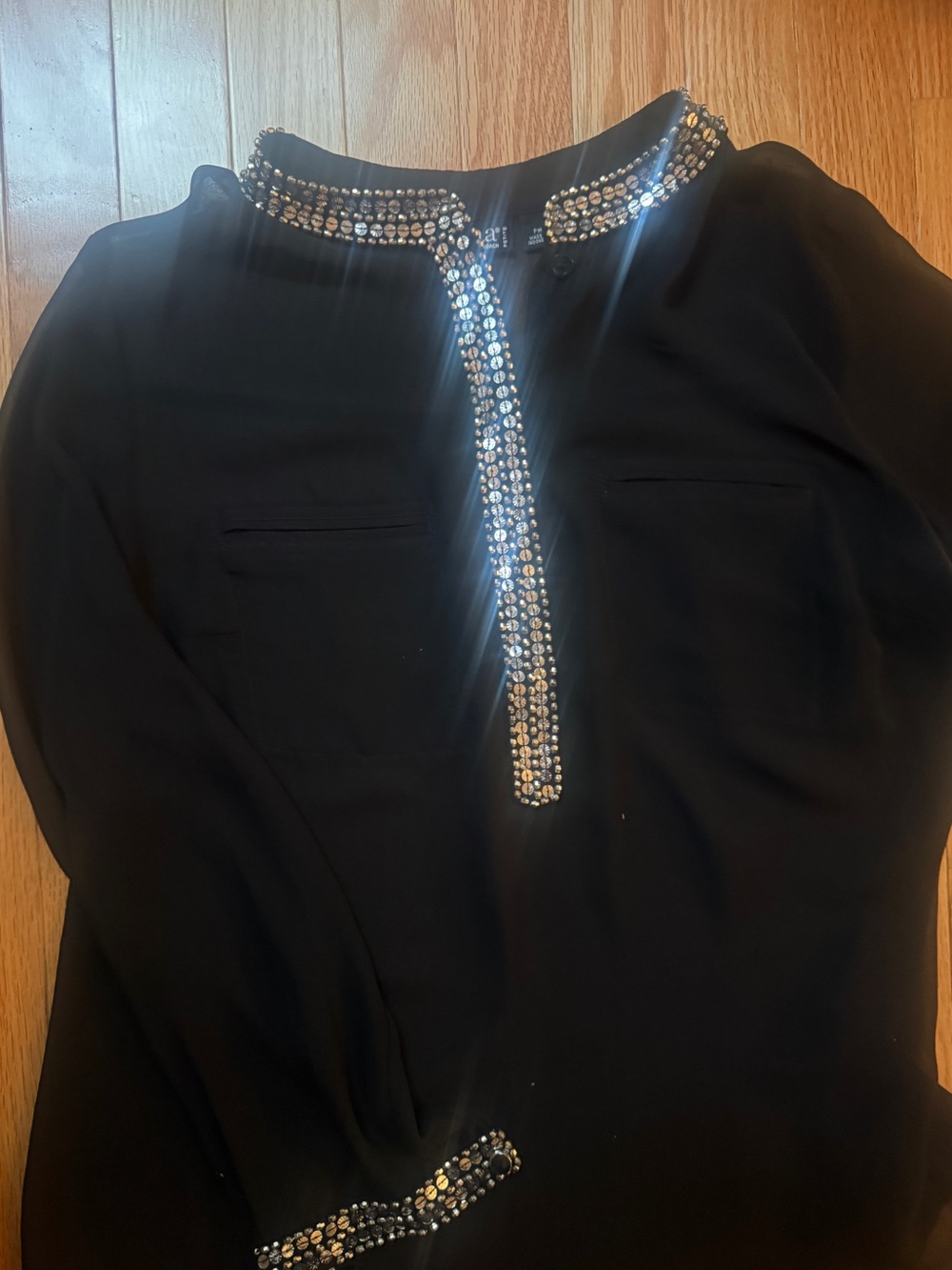 a.n.a Black Long-Sleeve Mesh Top with Crystal Trim
